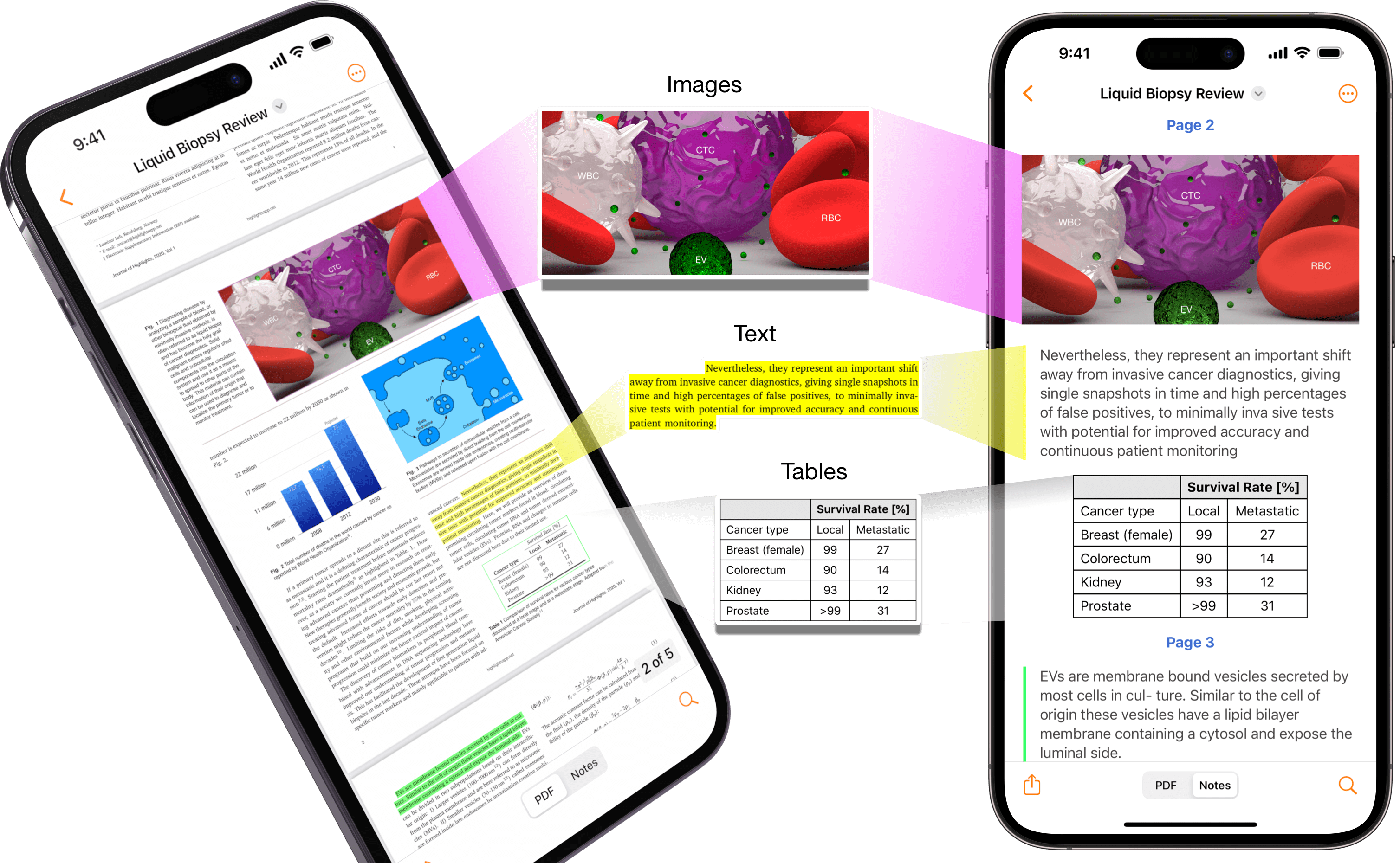 Two iPhones side-by-side running Highlights with annotations being beamed from the PDF view on the left phone to the notes view of the one on the right.